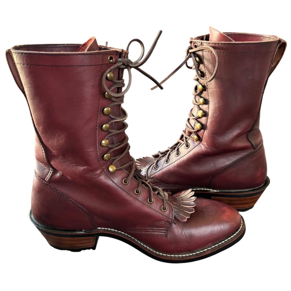 Aztec Burgundy Leather Kiltie Lace Up Western Work Boots Womens Tall Cherry